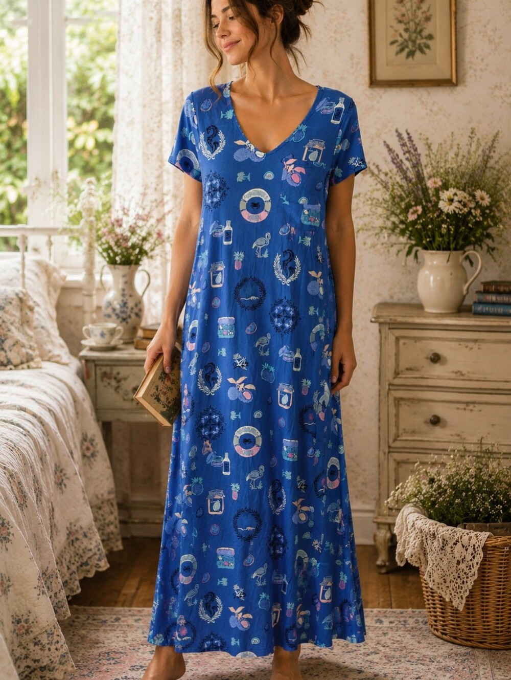 Soma Cool Nights Maxi Nightgown Small Blue Tropical Print NWT Rayon Stretch